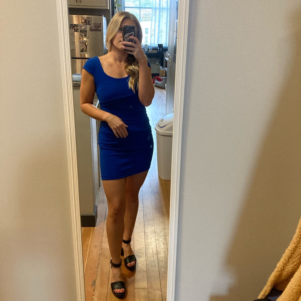 Teeze Me Blue Sheath Mini Dress with Cap Sleeves